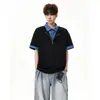 Camiseta de manga curta com gola polo estampada em patchwork estilo faculdade coreano para homens e mulheres, design de verão com uma blusa de gola reversa falsa de duas peças