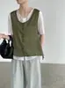 Chaleco de Dos Piezas Falsas Taochuan con Top de Manga Corta para Mujer, Cuello Redondo, Ajuste Holgado Adelgazante, Blusa de Lino con Lazo M8775