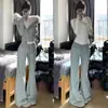 Calça Jogger Cinza Estilo Americano Flare para Mulheres, Novidade Outono 2025 Cintura Alta Slim Fit Perna Reta Flare