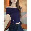 Suéter Elástico de Cuello Francés Blanco de Una Línea Camisa de Manga Corta para Mujer Verano Nuevo Estilo Dulce Top Corto Ajustado