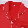 Conjunto de Pijama Casual Cor Vermelho Cetim Estilo Europeu Cardigan Lapela Manga Curta Calça Longa Conjunto de Roupa de Casa Feminina Venda por Atacado