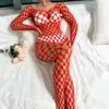 Lencería Sexy Estilo Europeo y Americano de Manga Larga con Agujeros Grandes de Malla Body de una Pieza Red de Pescado Abertura en la Entrepierna Transparente 8267