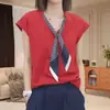 2026 Súper Trendy Top de Seda Helada para Mujer Nuevo de Verano Manga Corta Camiseta con Lazo Cuello en V Delgado Diseño Elegante Top