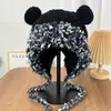 Gorro Grueso de Lana Forrado Cálido Estilo Lei Feng con Orejeras de Peluche de Oso Lindo para Mujeres, Gorro Protector de Cabeza Cortavientos para Ciclismo al Aire Libre