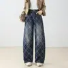Jeans de guadaña a cuadros retro americano con un diseño único, pantalones casuales plisados lavados estilo otoño 2026 personalizados