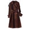 Chaqueta de Piel Genuina Hn4217 Estilo Británico Gamuza de Cabra de Primera Capa con Cinturón Longitud Media Elegante Cortavientos de Doble Botonadura para Mujer