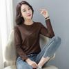 Camiseta de manga longa gola careca de algodão para mulheres outono/inverno 95% algodão solta versão coreana de cor sólida pequeno suéter respirável camisa de base feminina