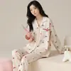 Algodón PuroPijama de Manga Larga para Mujer Otoño Nuevo Estilo Cárdigan Dibujos Animados Pantalones Largos Lindo Lunares Conjunto de Ropa para el Hogar Primavera Otoño