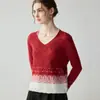 Suéter de cachemira para mujer con cuello en V y diseño de punto calado degradado, jersey de punto de manga larga para otoño e invierno, nuevo jersey ligero