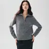 Suéter de cachemira de punto floral de cuello alto para mujer, media cremallera, simple, de manga larga, jersey de punto, top grueso para interior/exterior