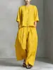 2026 Novo Conjunto de Roupa de Linho com Camisa de Manga Curta Estilo Europeu e Americano para Mulheres, Conjunto de Duas Peças com Calça de Perna Larga Solta de Verão para Roupas Casuais de Trabalho