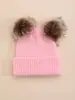 Chapéu de Tricô Waffle com Duas Bolas Dupla Malha Faux Mink Infantil para Outono e Inverno, Faixa de Cabeça Quente para Orelha para Uso Externo, Chapéu de Lã