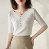 Verano 2025 Nuevo Estilo Coreano Elegante Ajustado Adelgazante Color Sólido Cuello en V Manga Corta Seda Helada Camiseta de Punto Camiseta Top de Moda para Mujer
