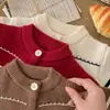 Roupas Infantis Outono e Inverno Suéter de Bebê Conjunto de Cardigan Tricotado Meninos e Meninas Estilo Coreano Listrado Quente Conjunto de Duas Peças Versátil
