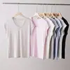 Camiseta de Manga Corta con Cuello en U de Lyocell Modal para Mujer, Camiseta Básica de Lana de Seda con Cuello Redondo, Corte Ajustado, Amigable con la Piel, Diseño de Hombros Caídos