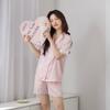 Pijama de Seda de Hielo Jacquard con Lazo para Mujer Verano Manga Corta Shorts Delgados Dulces Nuevo Traje de Ropa para el Hogar de Satén