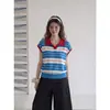 Top Polo Colorido Listrado Estilo Coreano para Mulheres Verão Design Moderno Bordado Redutor de Idade Mangas Bufantes Malha