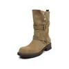 Cuero genuino de 4 cm, uso bidireccional, botines de suela gruesa, gamuza de vaca para mujer, tacón grueso, hebilla de cinturón, estilo Western