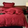 Set Romántico de Encaje Rojo Bordado con Rosas de Algodón de Fibra Larga Satín Sedoso Puro Algodón Juego de Cama