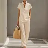 Conjunto cruzado europeo y americano para mujer, estilo casual perezoso, cárdigan de manga corta y pantalones largos, color liso