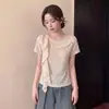 Top de verão novo design plus size para mulheres com fitas e babados, manga curta, ombro normal, leve, estilo simples, camiseta