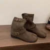 Chuyuji 2026 Otoño/Invierno Nuevas Botas Vaqueras Western Vintage Hebilla de Cinturón Gamuza de Piel de Cerdo Tacón Grueso Botas Cortas a Media Pantorrilla