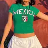 Camiseta de Mujer de Manga Corta Verde Estampado Y2K Bandera Mexicana Carta Transfronteriza de Verano Ajustada Superior Venta al por Mayor