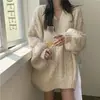 Suéter de Punto Grueso con Cuello en V Retorcido Estilo Coreano para Mujer en Otoño e Invierno Suéter Exterior Holgado Diseño Estilo Perezoso Suéter de Punto Cálido
