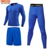 Traje esportivo masculino pronto para envio transfronteiriço, gola redonda, alta elasticidade, justo, com camiseta de manga longa, secagem rápida, adequado para esportes, corrida e treino como camada base.