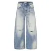 Calça Jeans de Lavagem Degradê Azul Rasgada Grande Cintura Alta Solta Perna Larga Comprimento Total para Homens e Mulheres