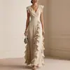 Comercio Exterior Transfronterizo Sitio Independiente de Ropa para Mujer Amazon Color Sólido Plisado Manga Corta Cuello en V Volante Vestido Largo Vestido de Gala