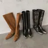 Botas de Montar de Cuero de Caña Alta para Mujer con Frote de Color, Nuevo Estilo Otoño, Punta Cuadrada, Lazo, Tacón Kitten, Tacón Bajo, Botas Rectas sin Cordones