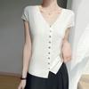 2025 Novo Estilo de Verão Cardigan Tricotado Decote V com Contas Curvas e Mangas Morcego, Mangas Curtas, Cor Pura Solto e Versátil Tops e Jaquetas