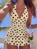 Maiô Feminino Europeu e Americano com Decote V Halter, Estampa de Bolinhas, Estilo Saia, Cintura Marcada com Franzidos, Múltiplas Camadas Estilo Bolo, para Férias na Praia, Peça Única