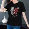 Camiseta de manga corta europea negra con perforaciones calientes para primavera y verano, casual para mujer, talla grande, holgada, top básico de mujer, moderno