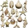 Kit de materiais para pingentes de pulseira DIY feitos à mão com pingentes de liga oceânica de concha, estrela-do-mar, concha em ouro KC misto