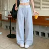 Pantalones de pierna ancha de cintura alta a rayas azules para mujer, Novedad Verano 2026, Versátiles, Adelgazantes, Estilo relajado, Patchwork de encaje, Pantalones casuales