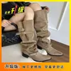 Botas de Cano Largo Spicy Girl Outono/Inverno Novidades Grande Circunferência da Panturrilha Botas Enrugadas Salto Grosso Bico Fino Fivela Cano Alto Botas de Equitação