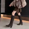 Botas de montar de cuero de caña alta para mujer, nuevo estilo otoño e invierno, piel genuina, punta redonda, sin cordones, tacón alto grueso, botas hasta la rodilla