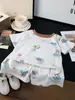 Conjunto Infantil de Manga Curta, Conjunto de Algodão Elástico com Pregas de Nuvem para Bebê de Manga Curta, Conjunto de Duas Peças Infantil para Casa, Pijama para Meninos e Meninas