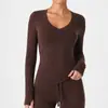 Top de Yoga para Mujer Cuello en V Manga Larga Secado Rápido Alta Elasticidad Ajustado Ropa de Fitness Correr Entrenamiento Adelgazante Deportivo Manga Larga