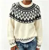 Suéter Fair Isle de cuello redondo holgado talla grande color block tejido jacquard para mujer nuevo de otoño e invierno transfronterizo europeo y americano