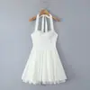 Encaje Dulce Puro Francés Cordones Costura de Encaje Cintura Adelgazante Cuello Falda Vestido de Tirantes Escotado para Mujer Estilo Europeo y Americano