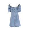 Promoção 130Cintura Marcada Mangas Bufantes Feito Sob Medida Corte Tridimensional Azul Desbotado Do Sol Doce Retrô Vestido Jeans