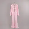 Outono/Inverno 2026 Novo Conjunto de Pijama Duas Peças Malha Estampada para Mulheres com Amarração e Babados Manga Longa Macio e Confortável