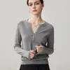 Suéter de cachemira de cuello tijera con múltiples botones, medio abierto en V, tejido de punto suelto, adelgazante, para mujer, capa base interior