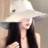 Sombrero de pescador con lazo a cuadros estilo coreano para mujer, sombrero solar de ala ancha para exteriores que hace que la cara se vea más pequeña, sombrero de protección solar de verano