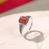 Anillo de Plata de Ley S925 Yuebao Jewelry Patrón Cuadrado Hueco Jade Nan Hong Qing Shui Estilo Chino Retro Envejecido Anillo de Plata