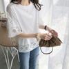 Camiseta de verano nueva para mujer japonesa, de encaje de alta gama, con calados y costuras de ganchillo, top de manga murciélago con encaje