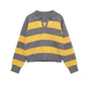 Roupas Femininas Transfronteiriças 2025 Nova Moda Outono Versátil Casual Solto Efeito Emagrecedor Gola Polo Malha Listrada Top